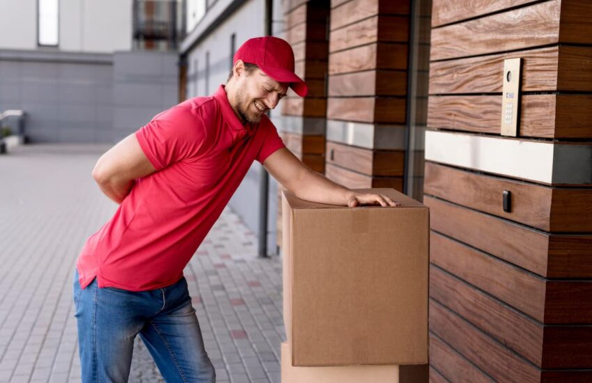 HOMME APPUYE SUR CARTONS SOUFFRANT DE DOULEUR AU DOS